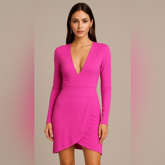 SUSANA MÓNACO Long Sleeve Pink Deep V Neck Mini Dress Stretchy NWOT.Size: Small - Picture 2 of 6